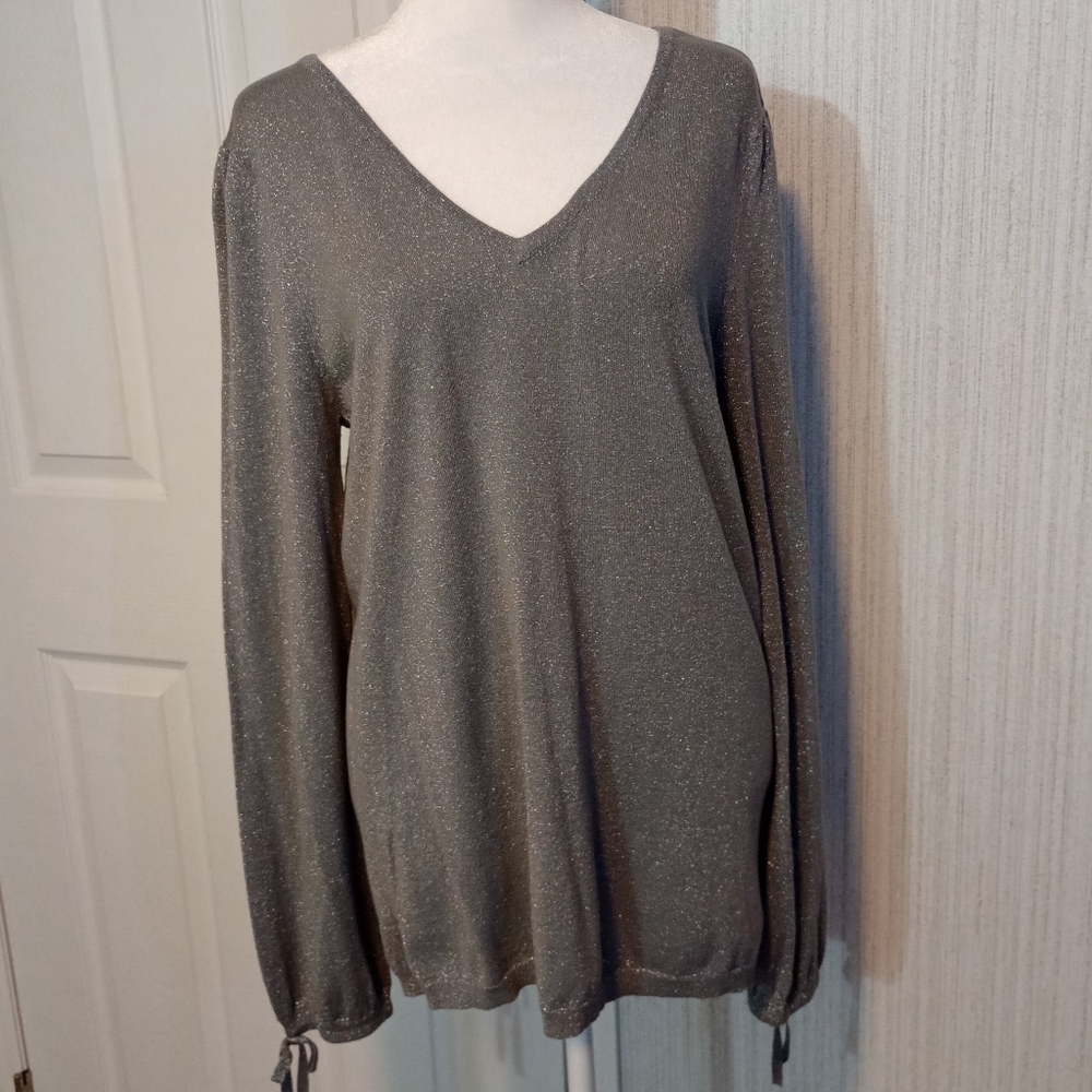 Worthington Women's Size L Rayon Blouse Silver Metallic Pullover Bows Dressy LNC